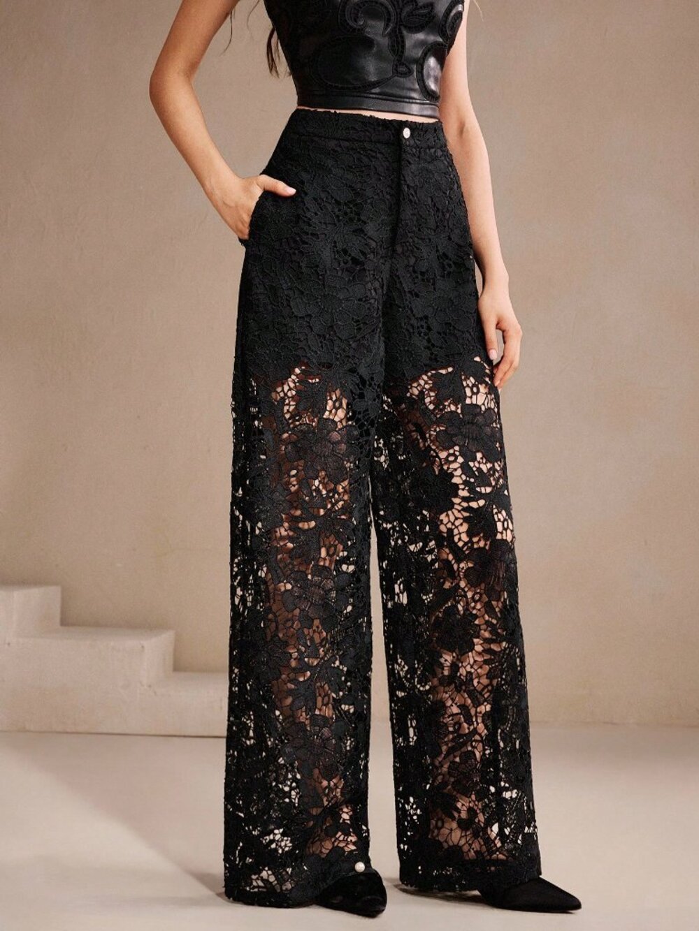 Black Elegant Women's Floral Lace Hollow-Out Pants - Picture 5 of 7